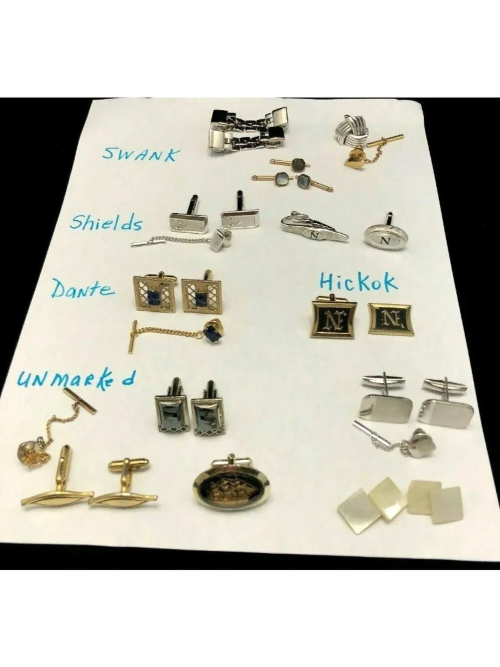 VINTAGE LOT OF CUFF LINKS AND TIE TACS - SWANK, SHIELDS, HICKOK, DANTE